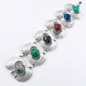 Sarah Coventry Signed Silver Tone Wide Panel Colorful Cabochon Vintage Bracelet